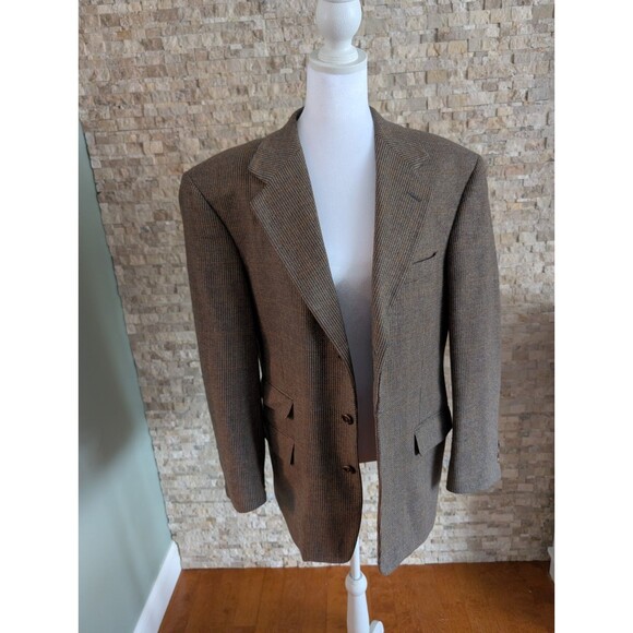 Vintage Brown Herringbone Lambs Wool Tweed Blazer Modern Prep Old Money Jacket - Picture 2 of 16